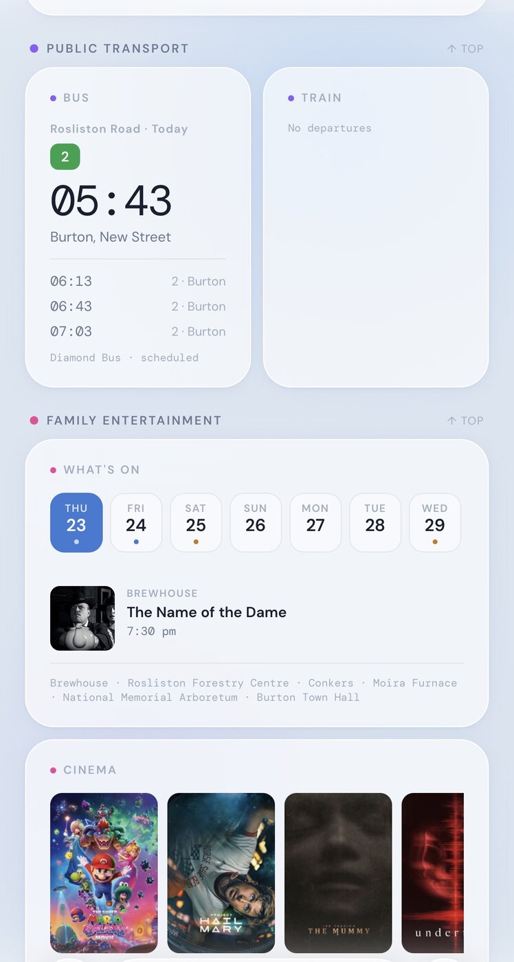Drakelow Hub on mobile showing public transport times and event calendar